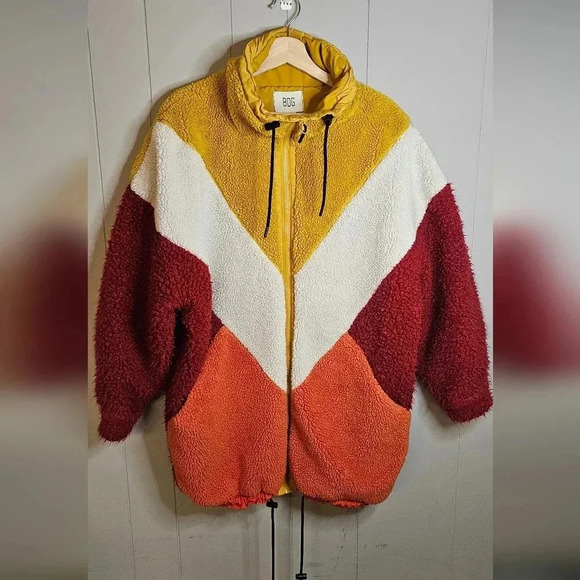 BDG x Urban Outfitters Sherpa Colorblock Powder Parka - Red Multicolor - Size L - Picture 1 of 10
